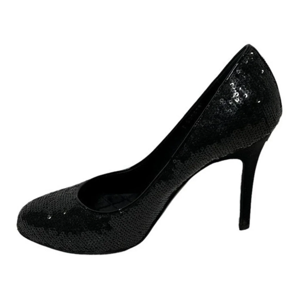Chanel Pumps Women Black Sequin Round Toe CC Logo Stiletto Heels Made in‎ Italy